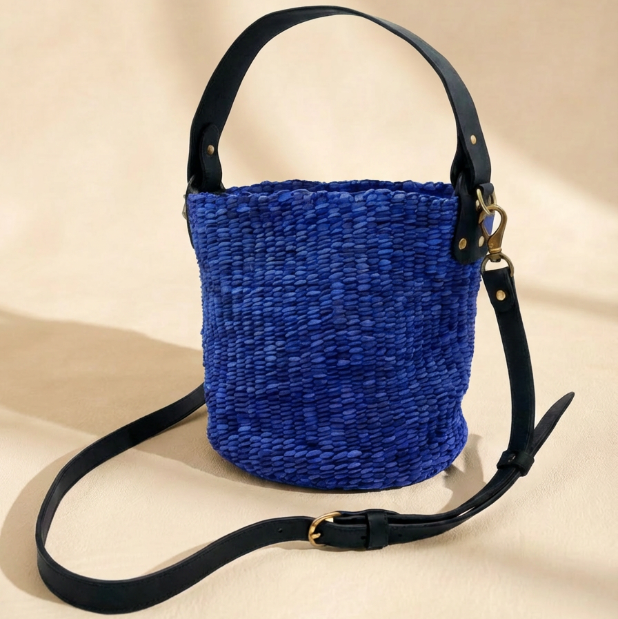Rafiki Hand-Woven Leather Bucket Bag - Medium (Blue)