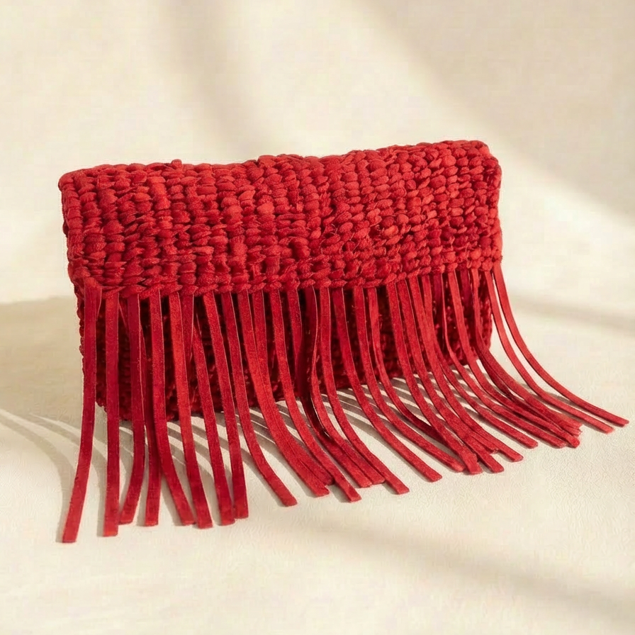 Leather Woven Tassel Clutch - Red