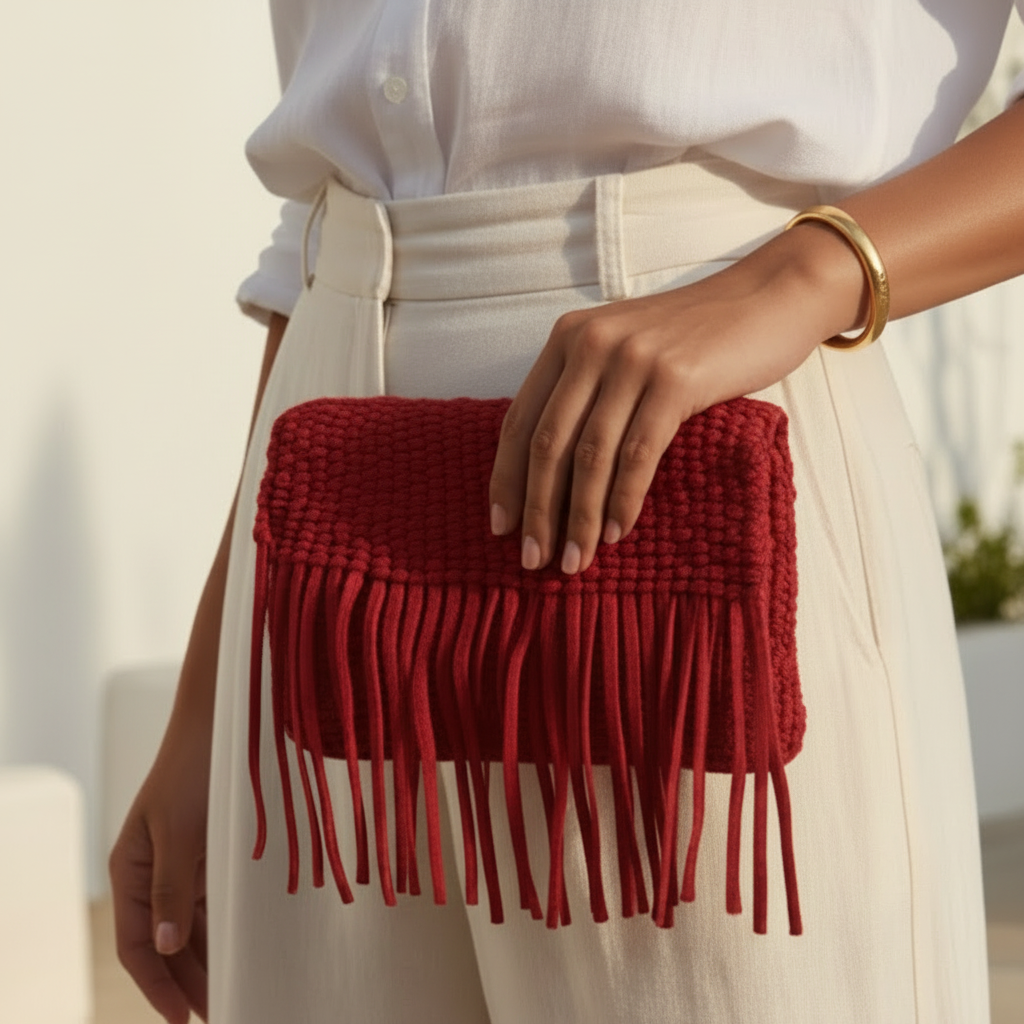 Leather Woven Tassel Clutch - Red