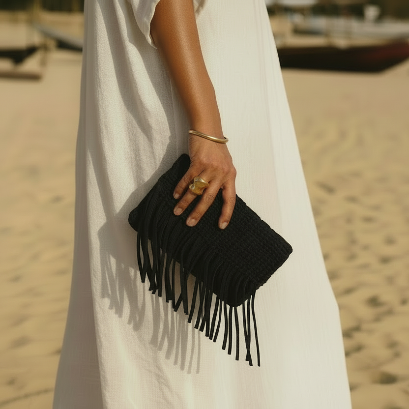 Leather Woven Tassel Clutch - Black