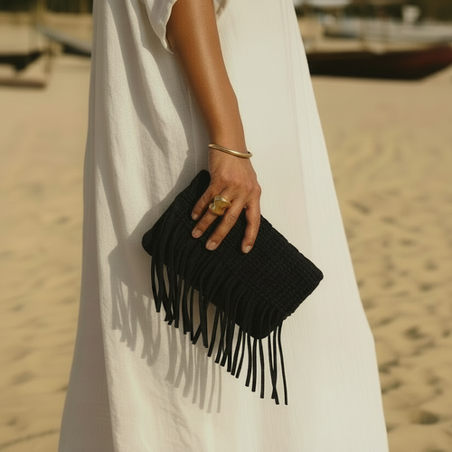 Leather Woven Tassel Clutch - Black
