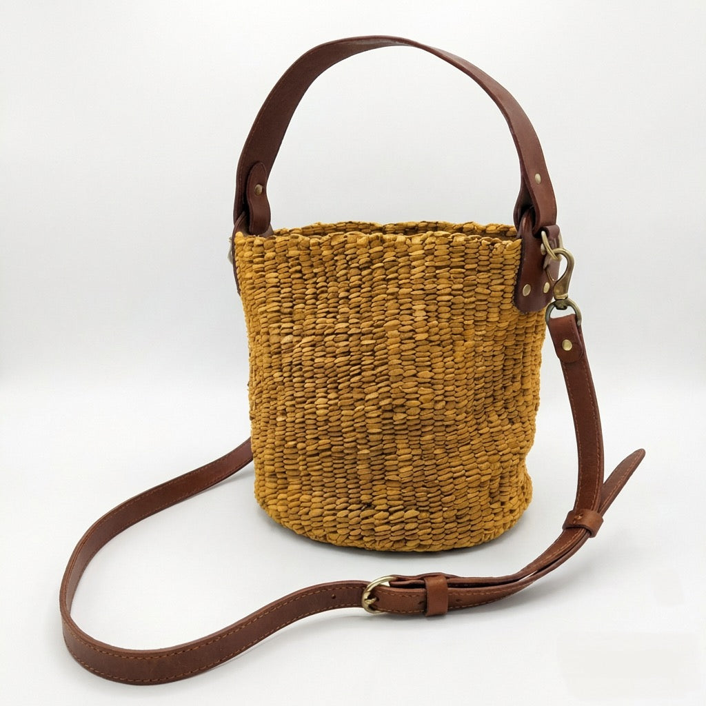 Rafiki Hand-Woven Leather Bucket Bag - Medium (Black)