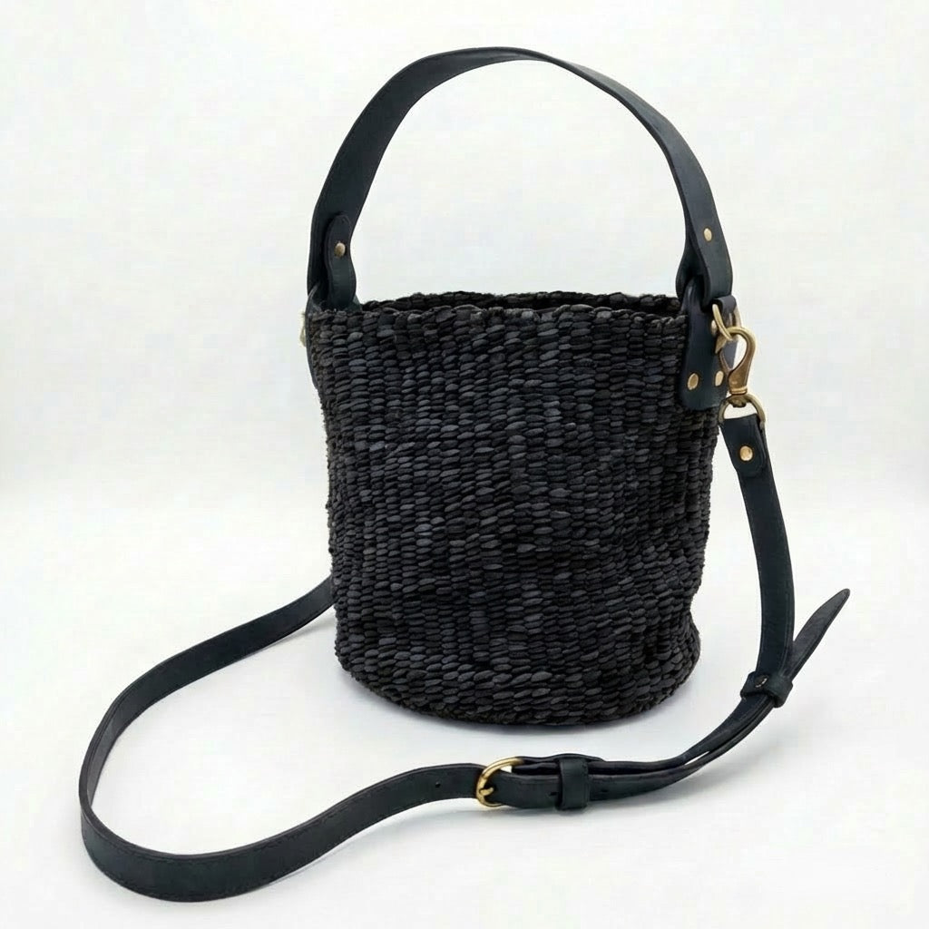 Rafiki Hand-Woven Leather Bucket Bag - Medium (Black)