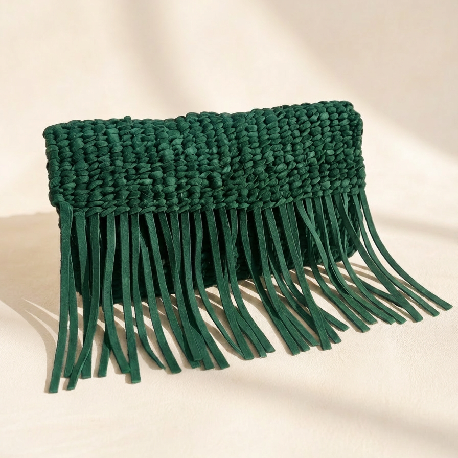 Leather Woven Tassel Clutch - Teal