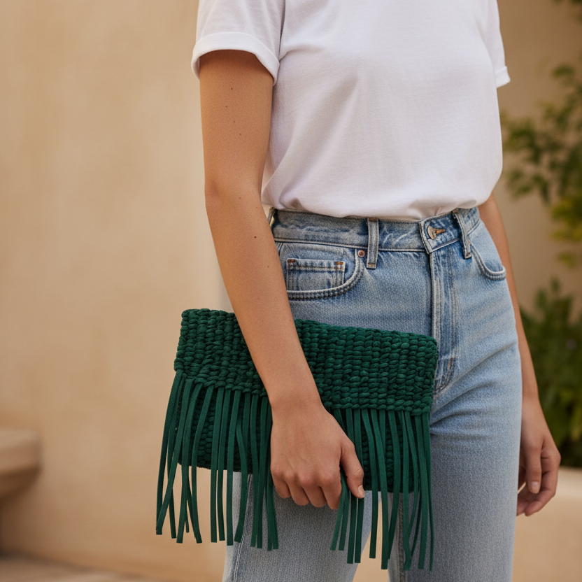 Leather Woven Tassel Clutch - Teal