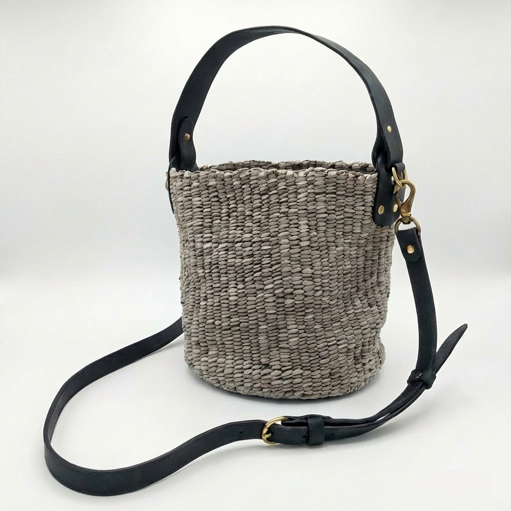 Rafiki Hand-Woven Leather Bucket Bag - Medium (Black)