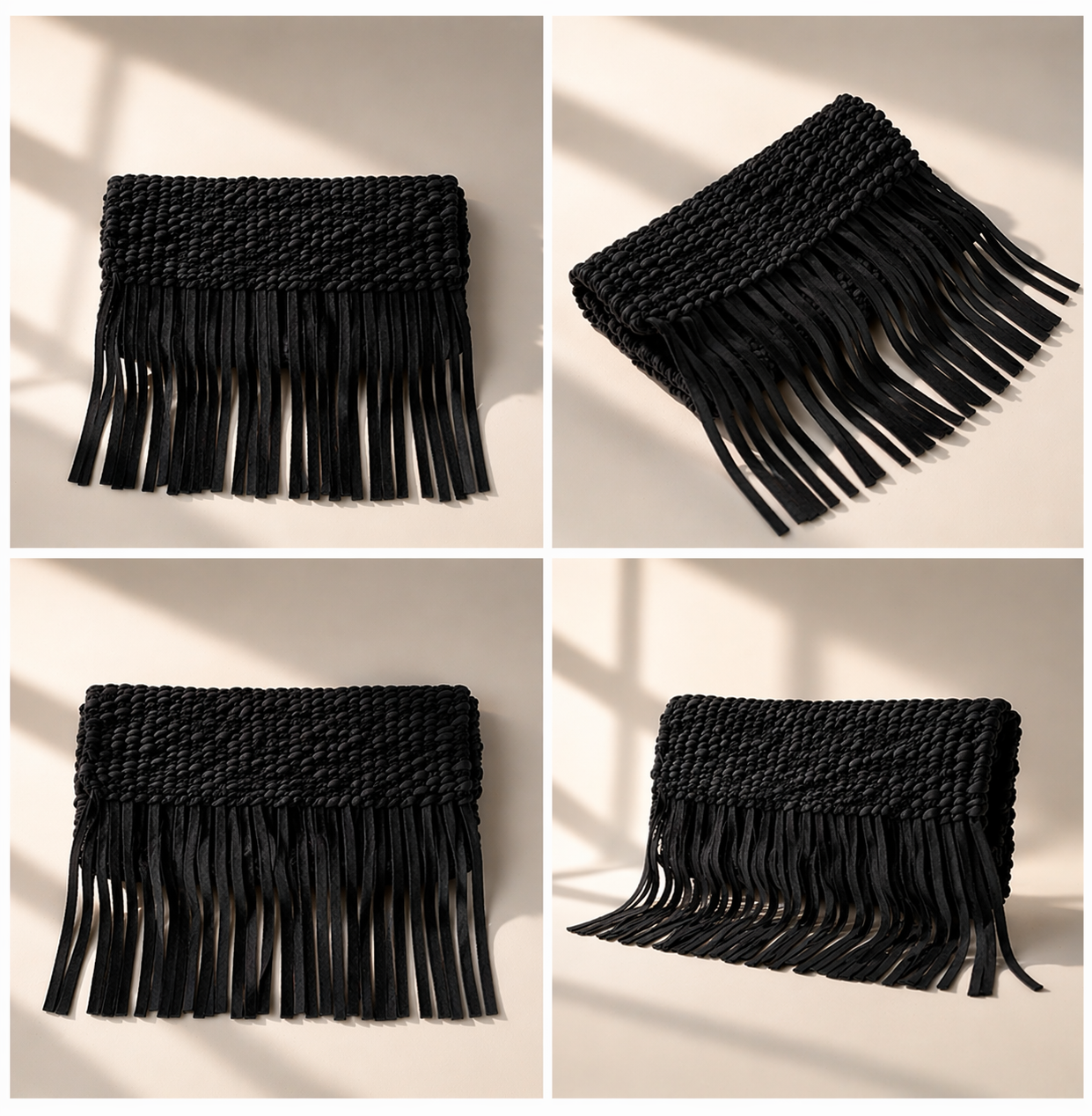 Leather Woven Tassel Clutch - Black