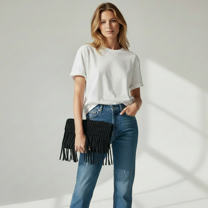 Leather Woven Tassel Clutch - Black