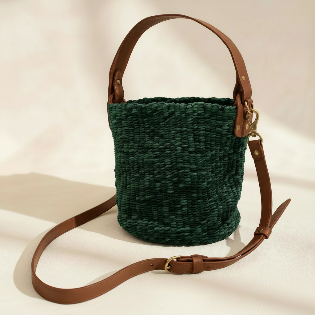 Rafiki Hand-Woven Leather Bucket Bag - Medium (Teal)