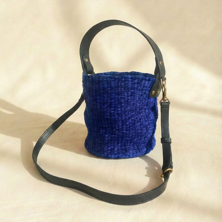 Rafiki Hand-Woven Leather Bucket Bag - Medium (Blue)