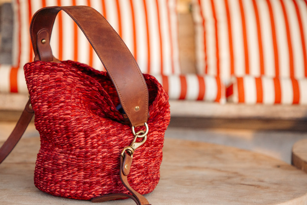 Rafiki Hand-Woven Leather Bucket Bag - Medium (Red)