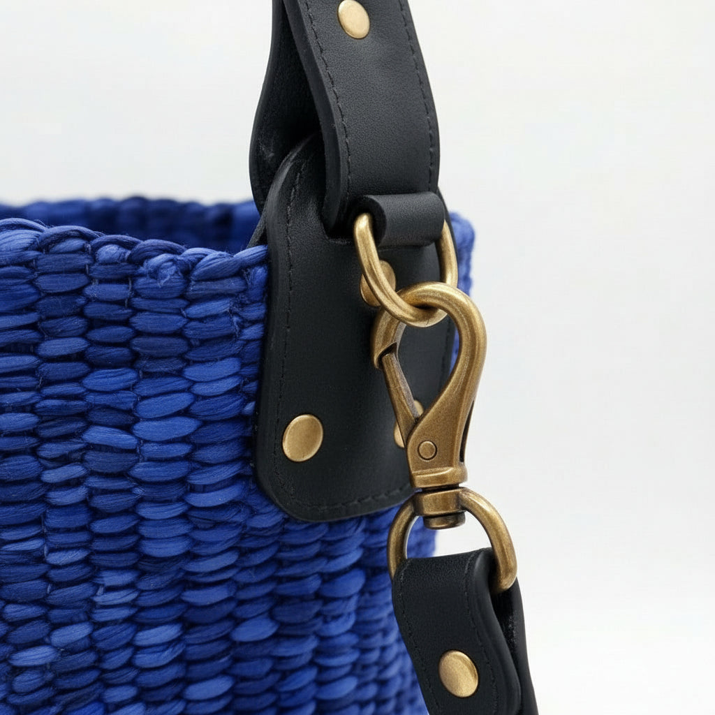 Rafiki Hand-Woven Leather Bucket Bag - Medium (Blue)
