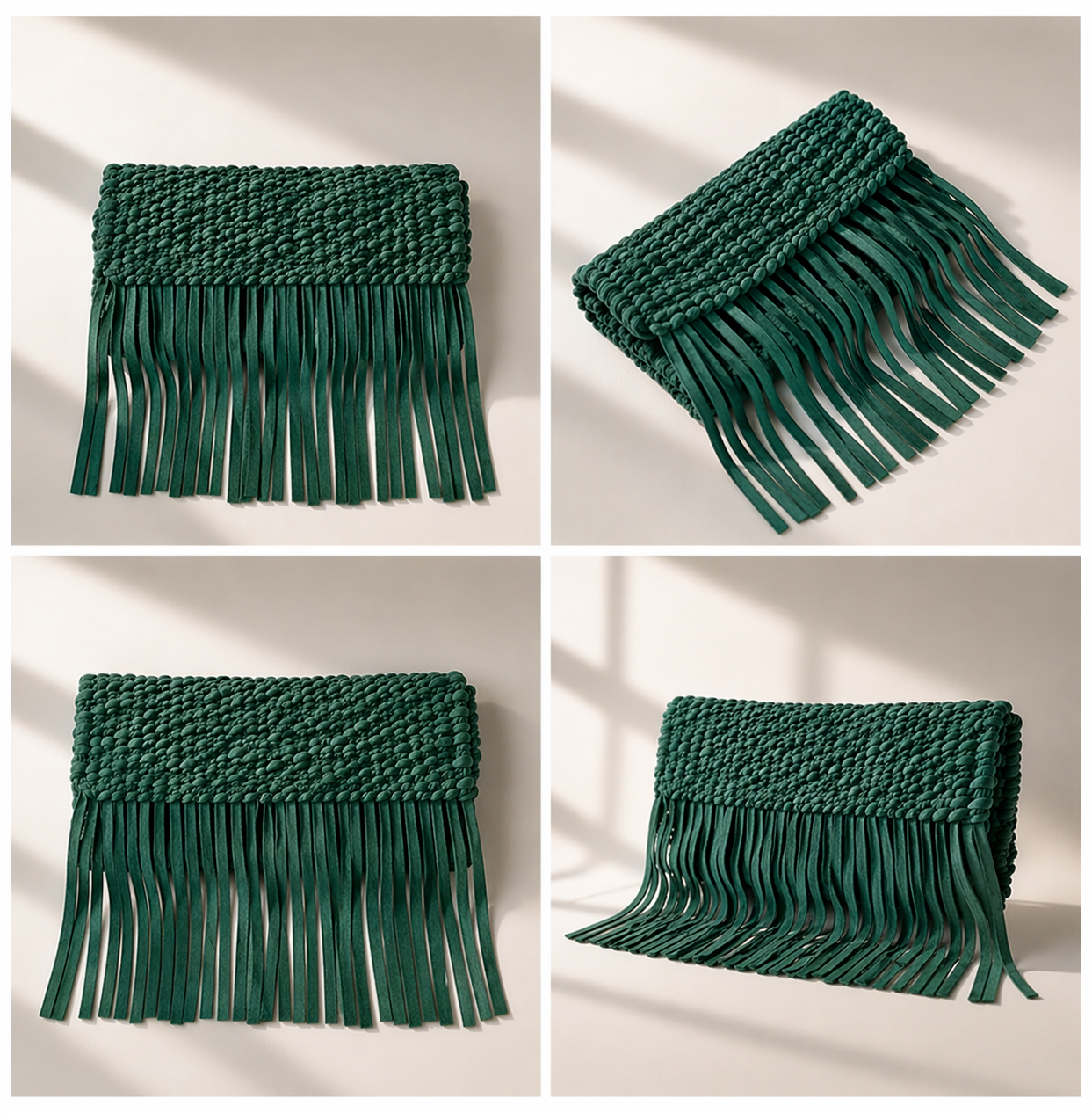 Leather Woven Tassel Clutch - Teal