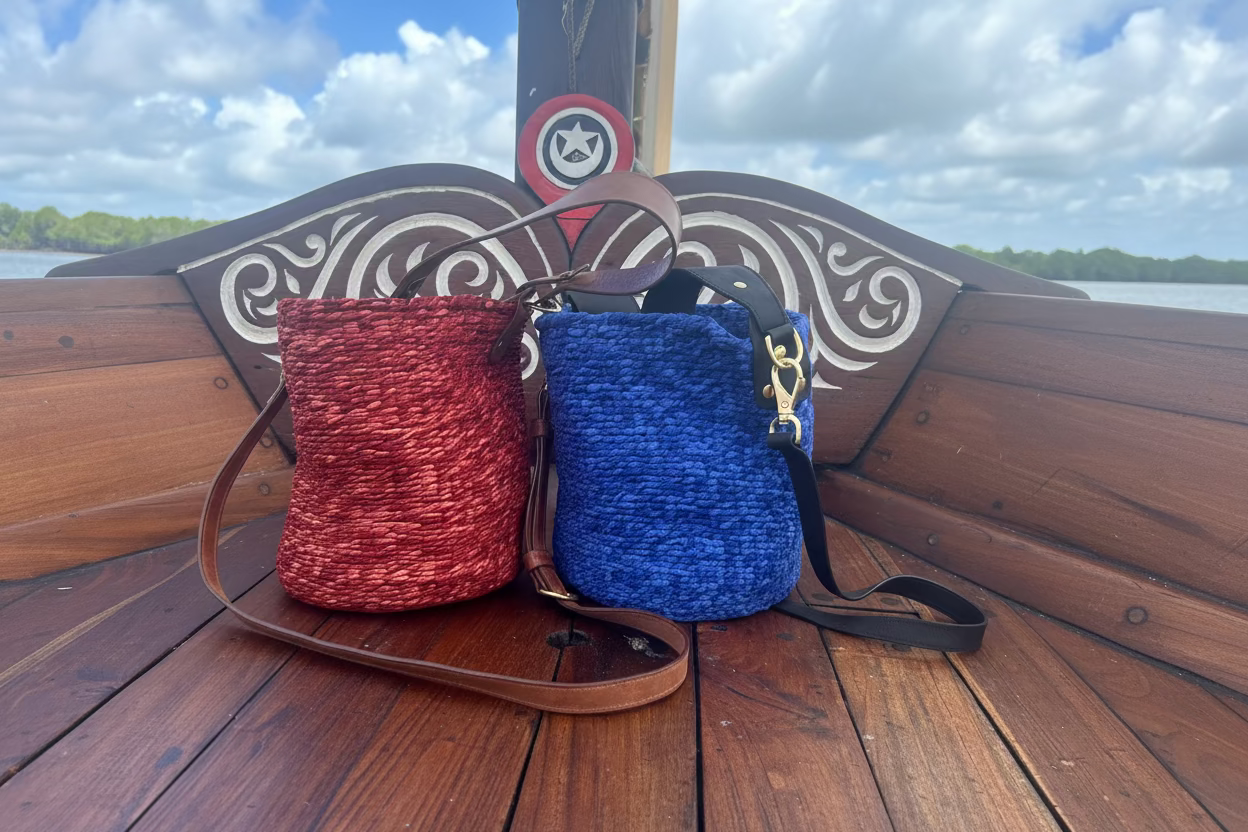 Rafiki Hand-Woven Leather Bucket Bag - Medium (Blue)