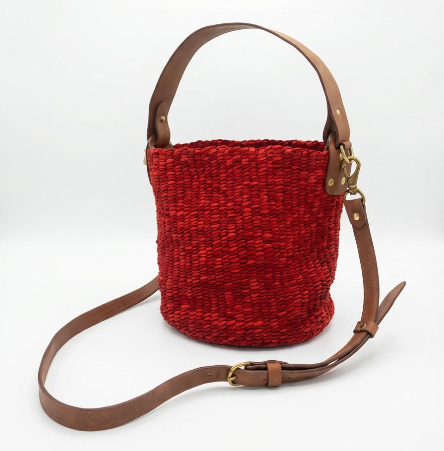 Rafiki Hand-Woven Leather Bucket Bag - Medium (Red)