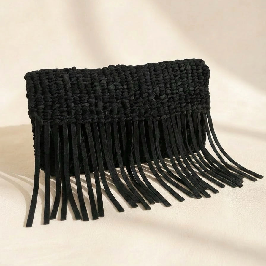 Leather Woven Tassel Clutch - Black