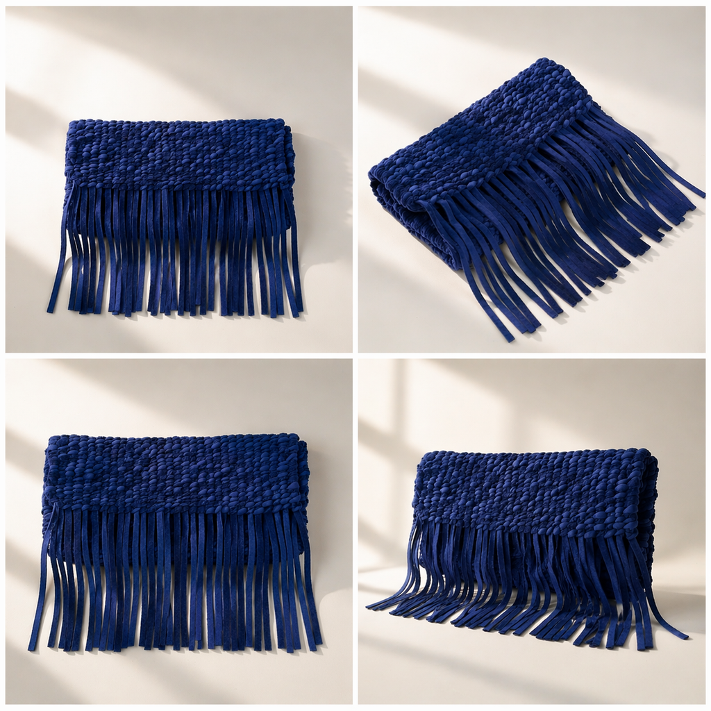 Leather Woven Tassel Clutch - Azur Blue