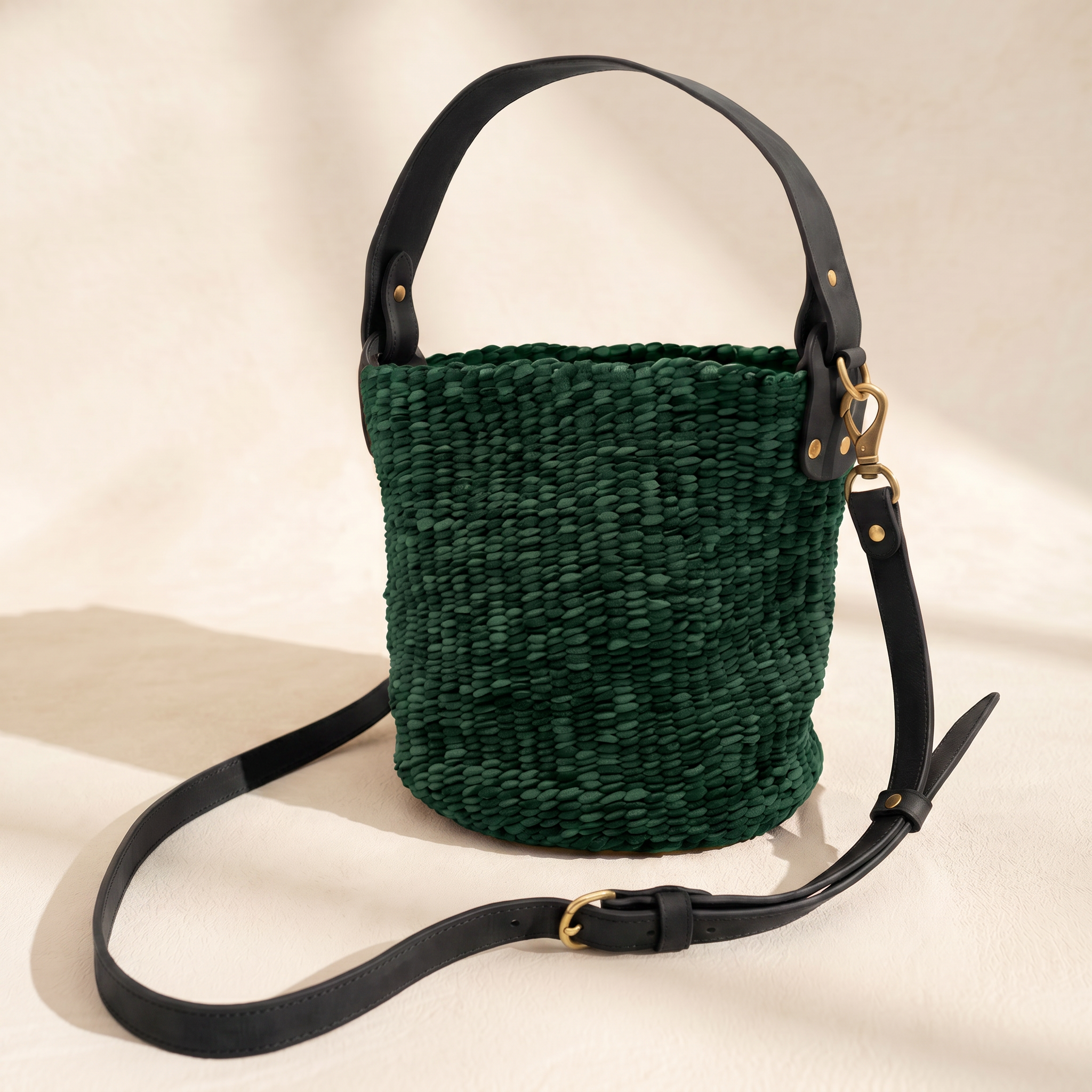 Rafiki Hand-Woven Leather Bucket Bag - Medium (Teal)