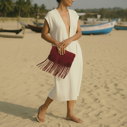 Leather Woven Tassel Clutch - Red
